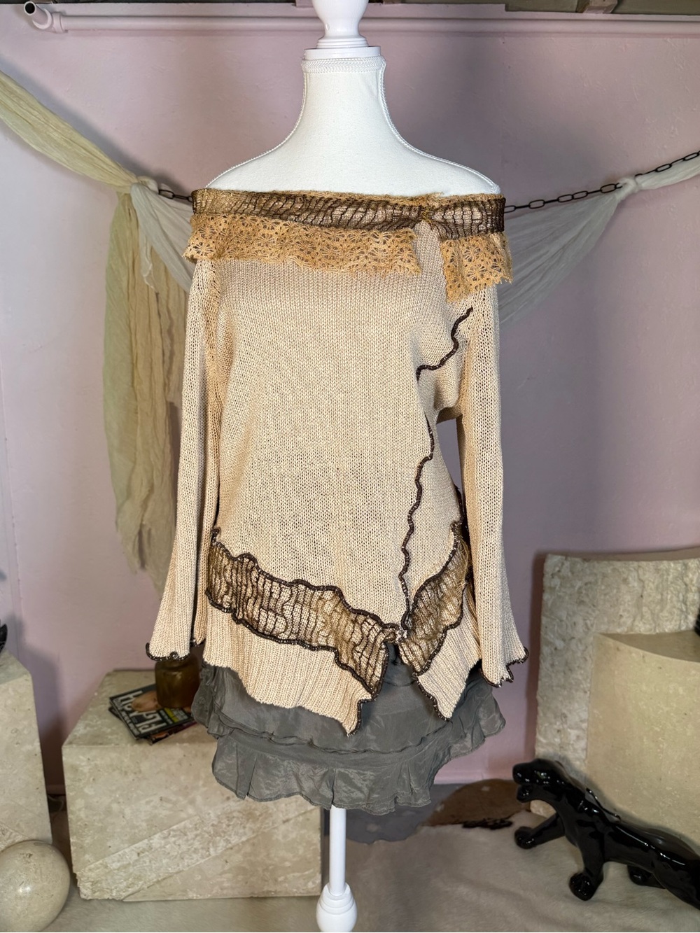 Vintage Fairycore Off Shoulder Ruffle Knit Top Size L
